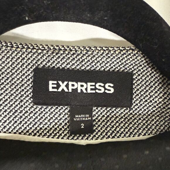 Express Blazer Women's 2 Black White Open Front Stretch Lined Structured 3/4 Slv - Picture 2 of 9